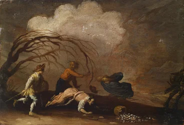 Paysage avec des gens dans la tempête